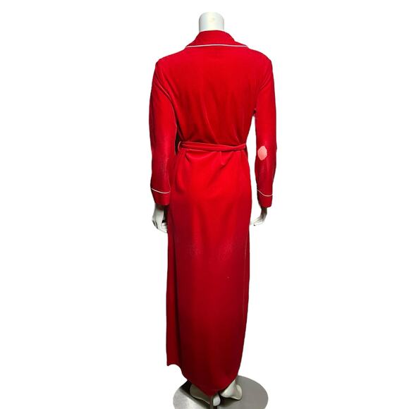 Vintage Red Velour Bathrobe with White Piping Classic Wrap Style Robe Small - Picture 9 of 13